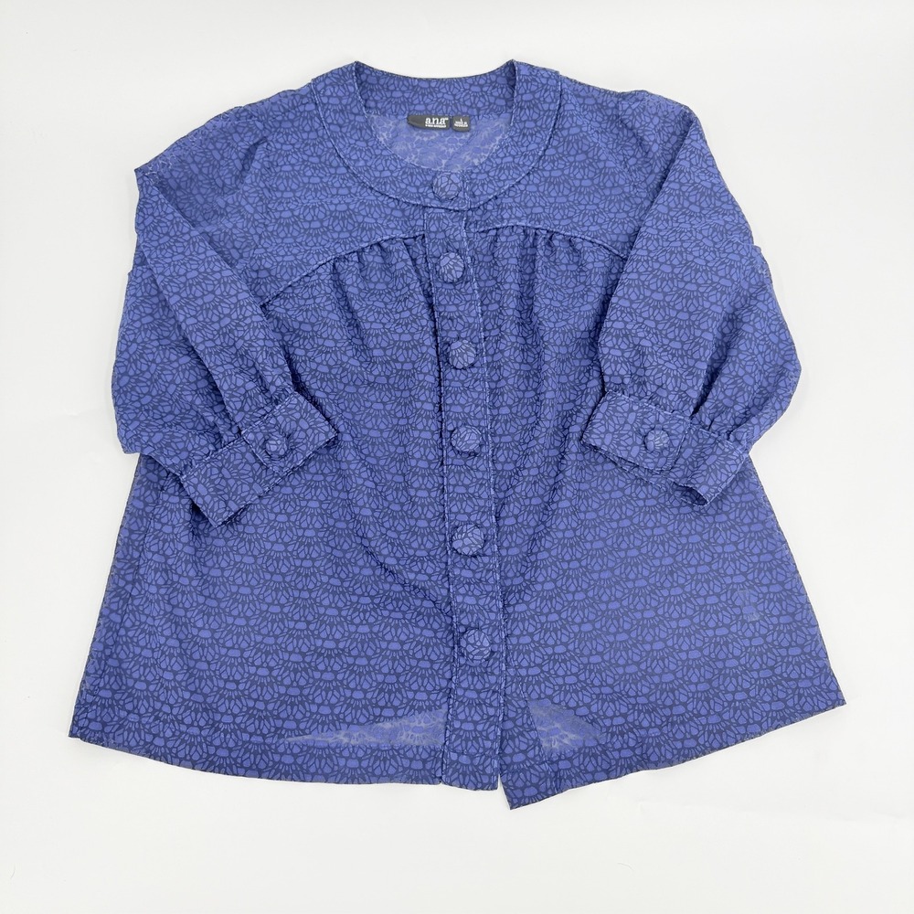 a.n.a Blouse Button Front Boho Modern Women Large Blue Geometric Sheer Light